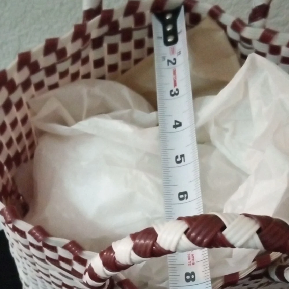 Handmade Mexican Bolsa Tejida Woven Plastic Tote Bag Terracotta White Open